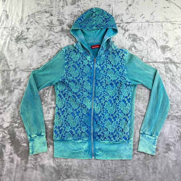 Panhandle Slim Waffle Knit Mesh Embroidered ZipUp Hoodie Women Sz S Blue + Green - Picture 1 of 12